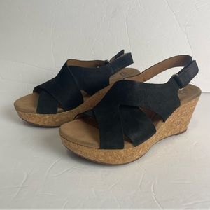 Clark Collection Wedge Sandals Black Suede Cork Wedge Size 7.5
